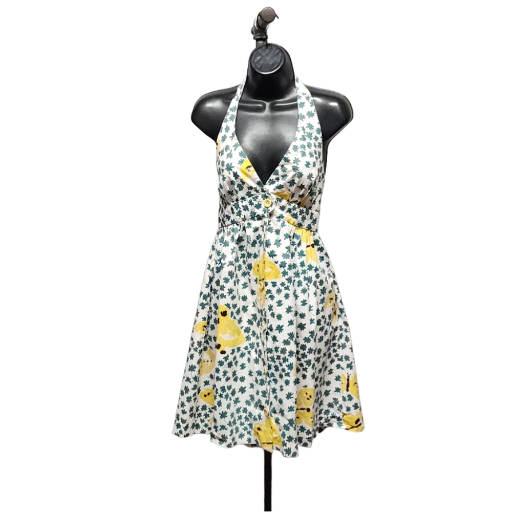 BETSEY JOHNSON Vintage Yellow & Green Butterfly Print Halter Tie Neck Dress, 8 - Picture 2 of 5